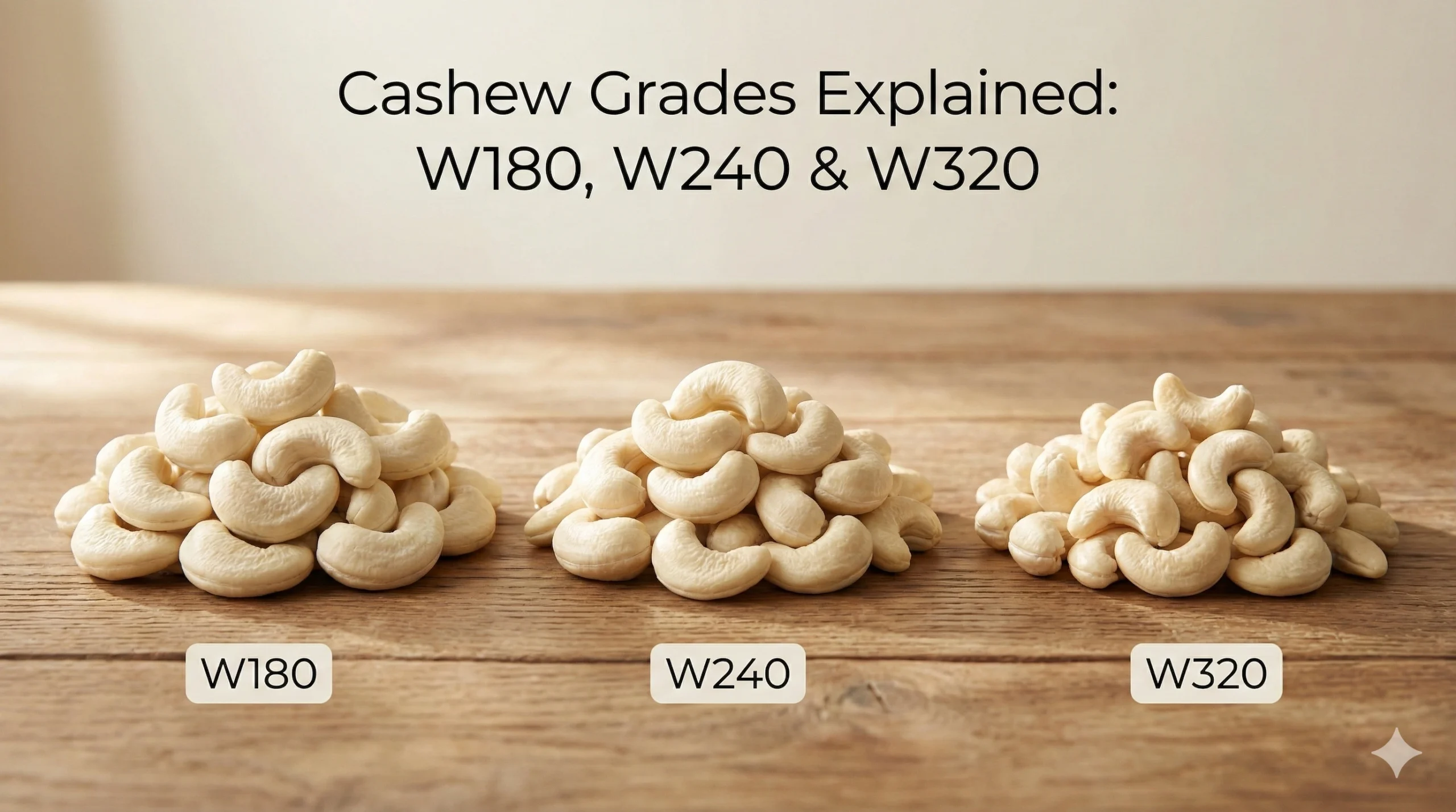 Cashew grades W180, W240, and W320 size comparison with premium white cashew nuts