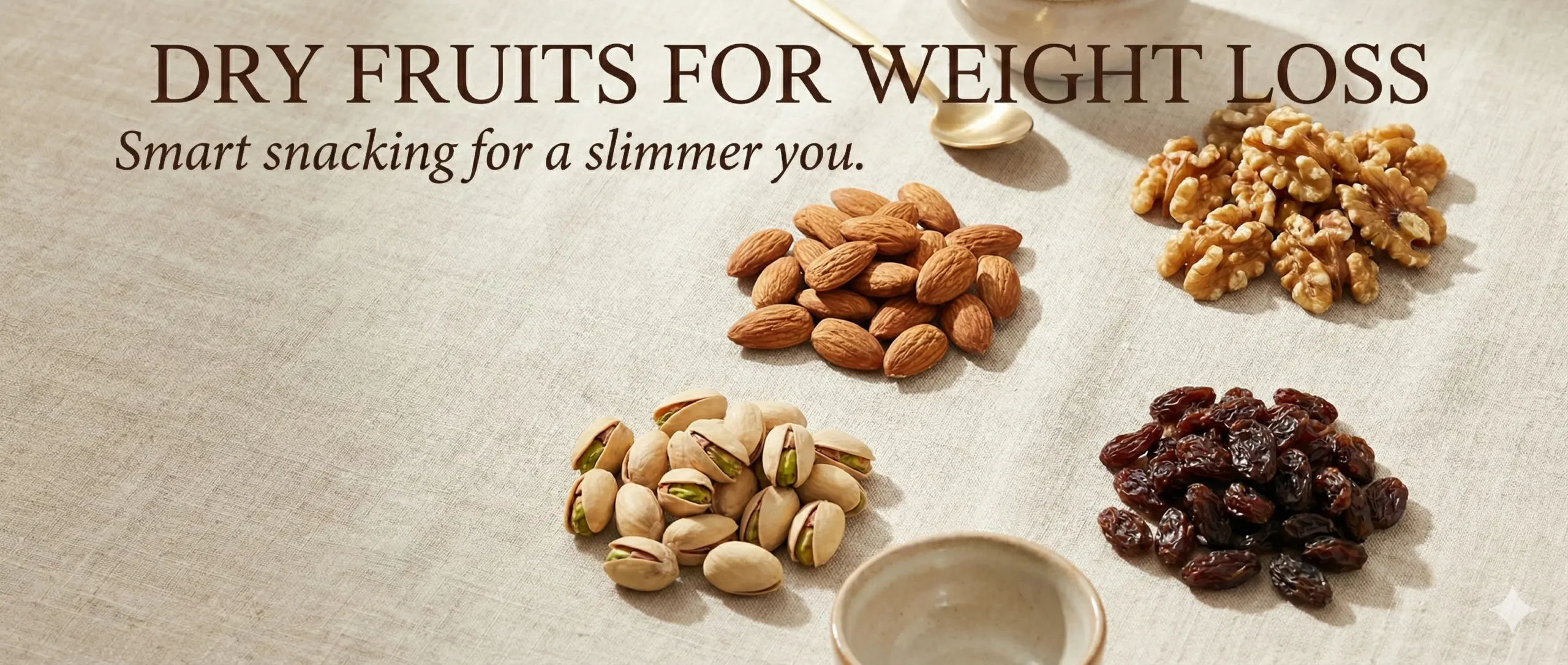 “Dry fruits for weight loss arranged in a healthy flat lay, including almonds, walnuts, pistachios and raisins.”