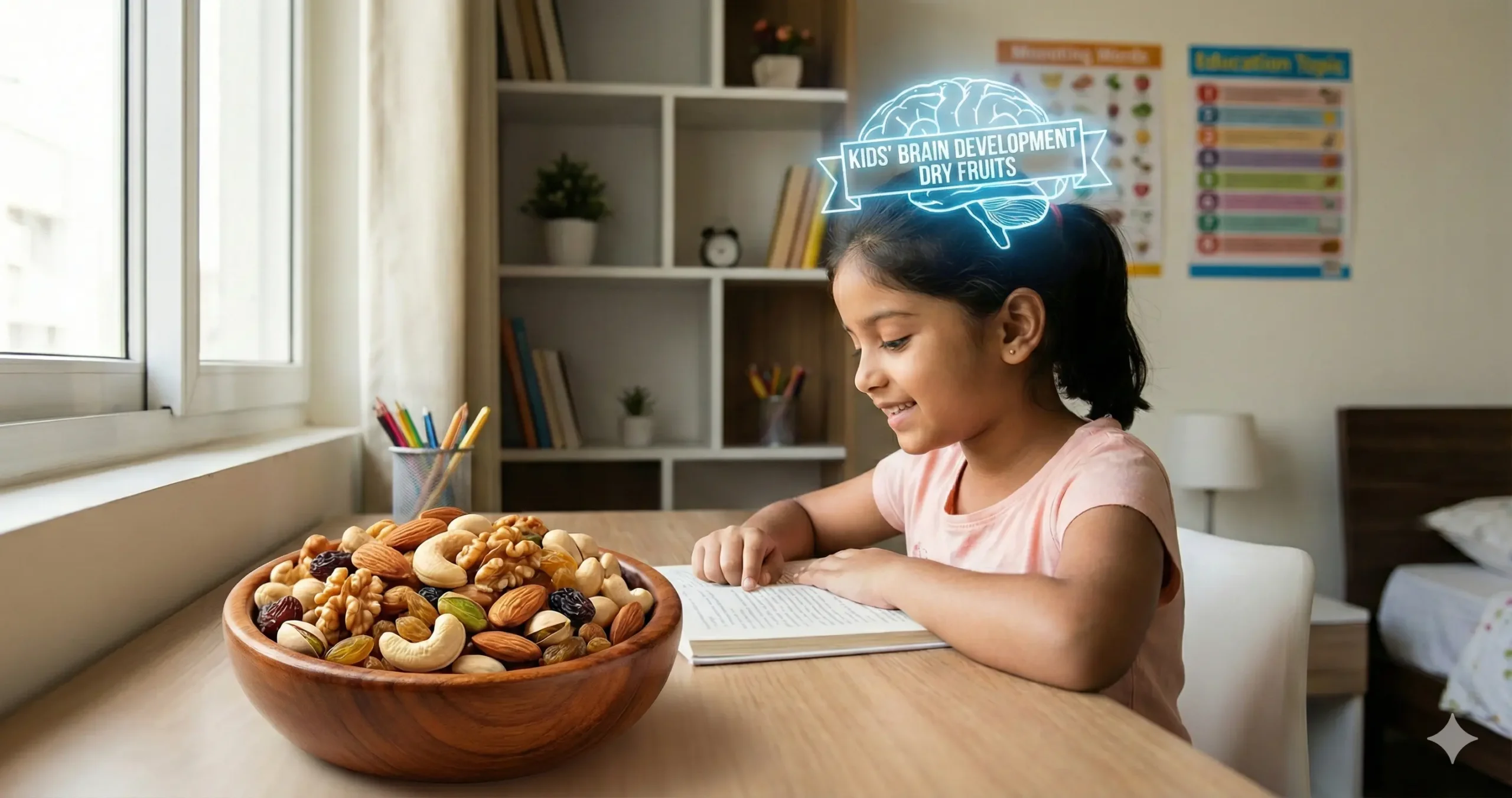Kids' brain development dry fruits with almonds, walnuts and healthy nuts for children