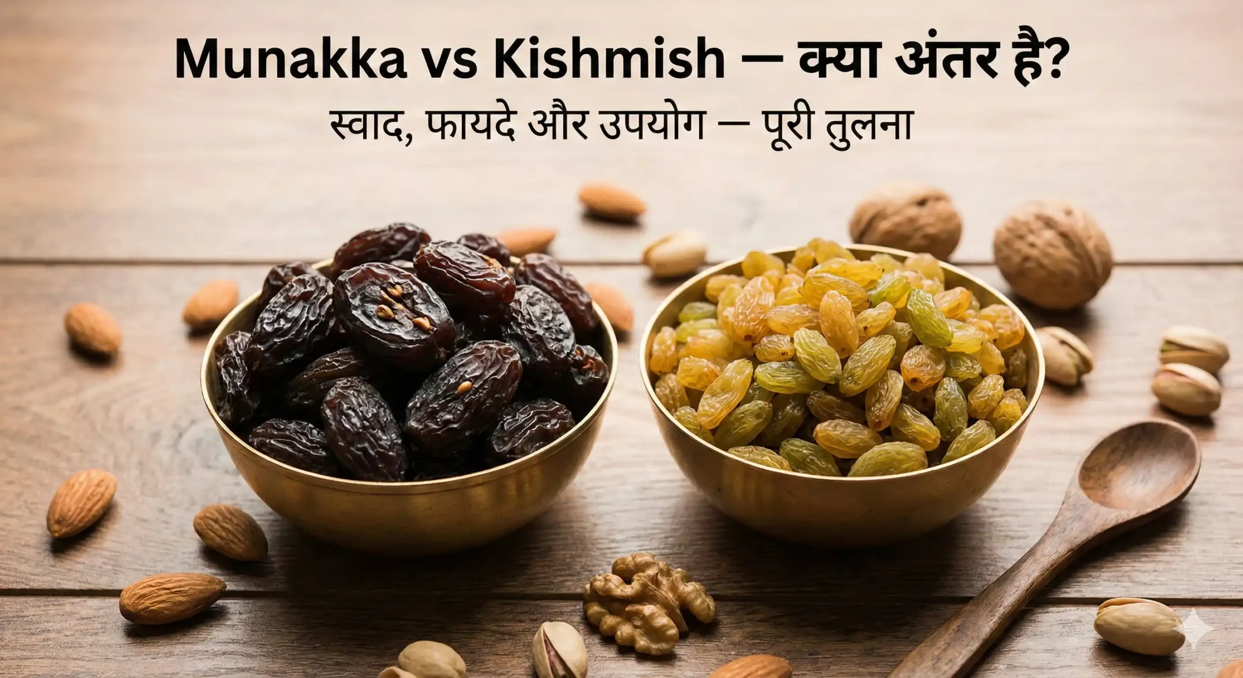 Munakka vs Kishmish comparison — मोठे Munakka और छोटे Kishmish लकड़ी की पृष्ठभूमि पर तुलना शैली में प्रदर्शित