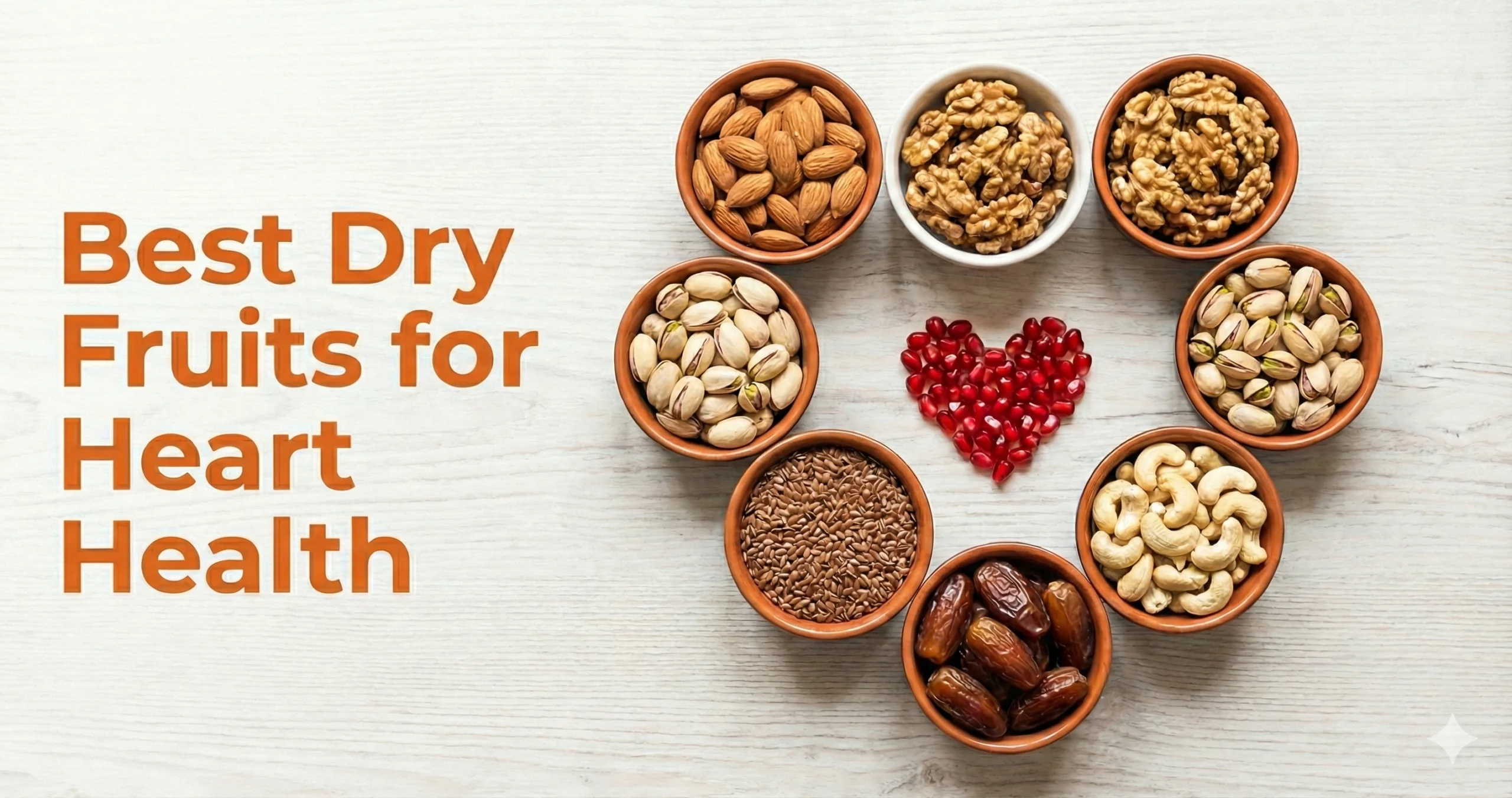 Heart-shaped arrangement of almonds, walnuts, pistachios and seeds — Best dry fruits for heart health.