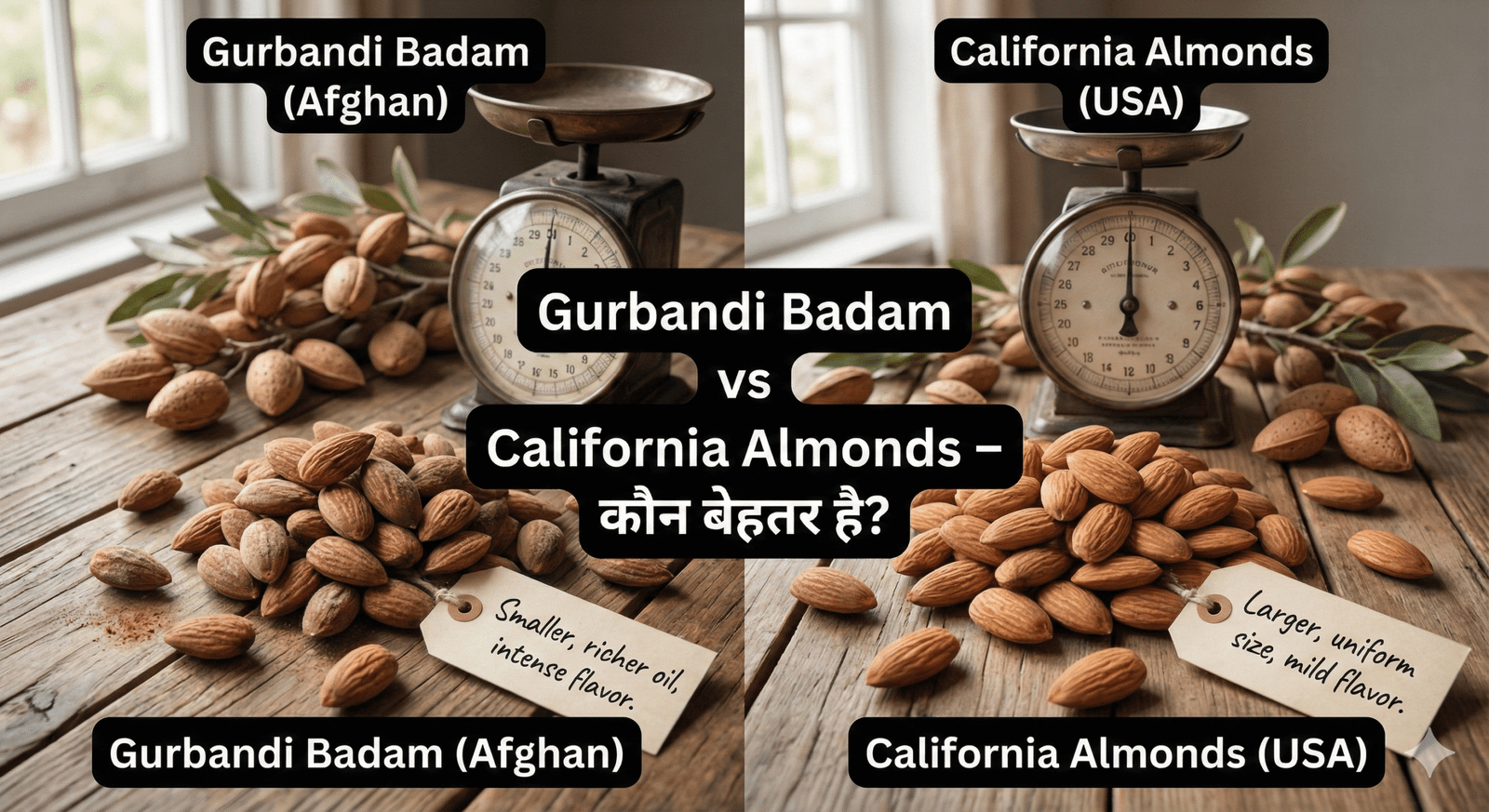 A split-screen image comparing two types of almonds on a wooden table with scales. The left side, labeled "Gurbandi Badam (Afghan)", shows smaller, darker, irregular almonds next to a tag that reads, "Smaller, richer oil, intense flavor." The right side, labeled "California Almonds (USA)", shows larger, lighter, uniform almonds next to a tag that reads, "Larger, uniform size, mild flavor." Central text reads, "Gurbandi Badam vs California Almonds – कौन बेहतर है?"