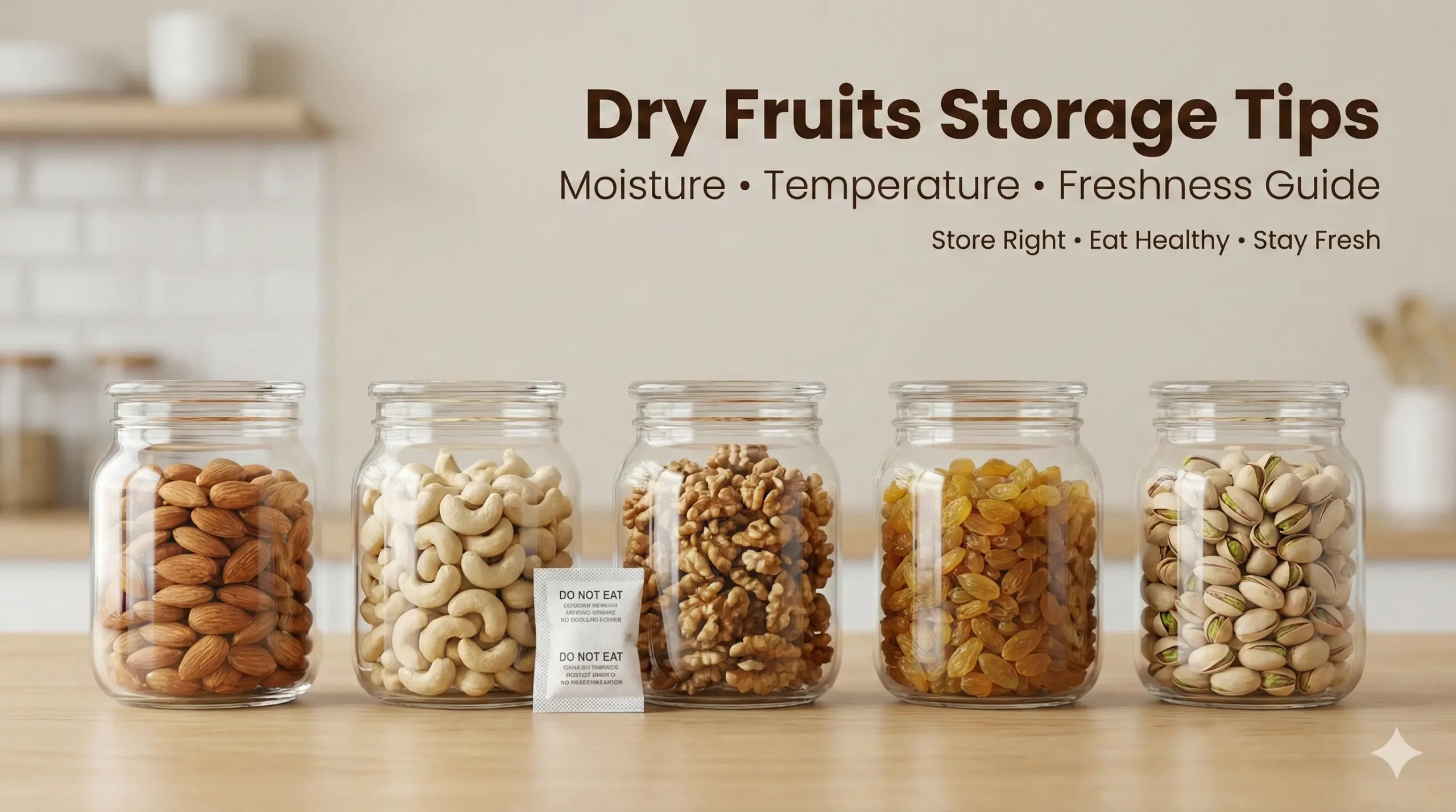 Dry fruits storage tips showing almonds, cashews, walnuts and raisins stored in airtight containers to control moisture and maintain freshness