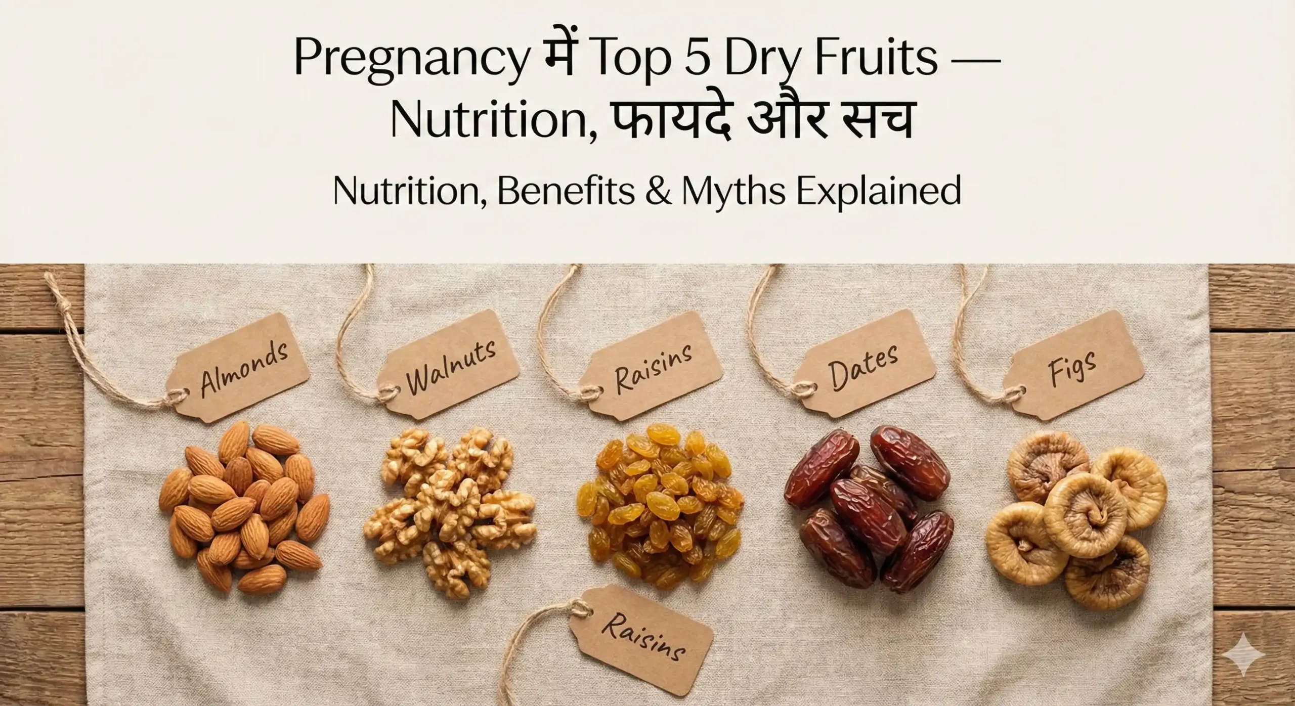 Top 5 dry fruits for pregnancy displayed in bowls — almonds, walnuts, raisins, figs and dates arranged on a wooden table for nutrition comparison